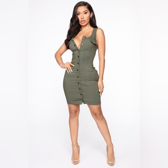 Fashion Nova Dresses & Skirts - Fashion Nova Rollin With My Friends Twill Mini Olive Dress Size L